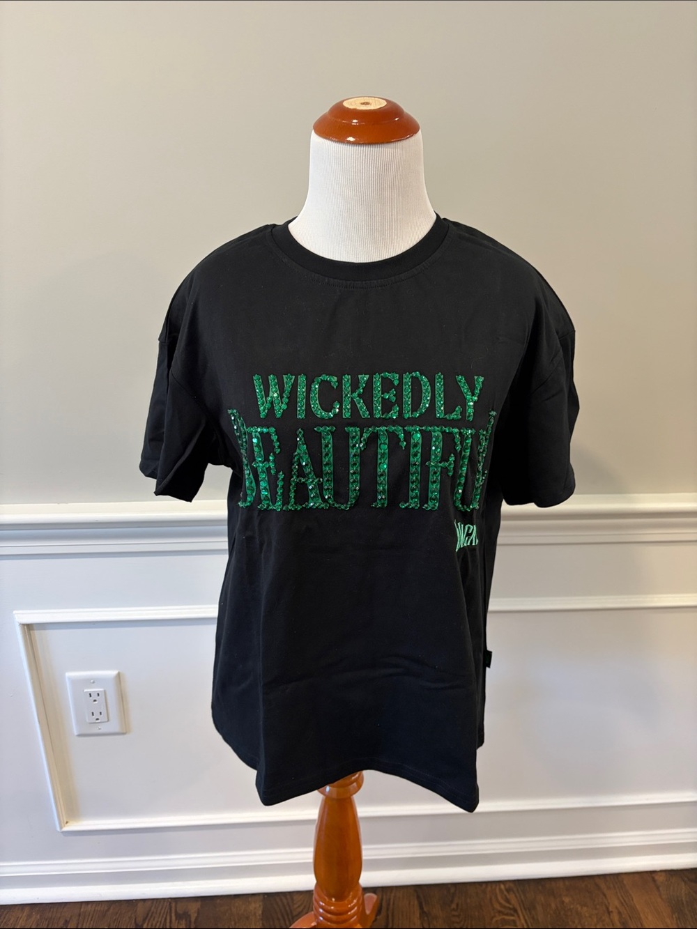 Lola + The Boys Black Tee with Green 'Wickedly Beautiful' Glitter Text